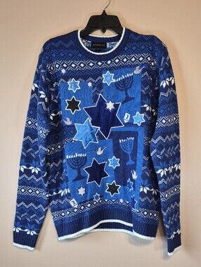 Blizzard Bay Unisex Royal Blue Hanukkah Sweater Patchwork